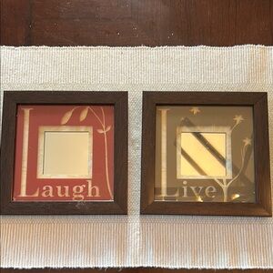 Pair of Brown and Red 'Laugh Live' Framed Mirrors